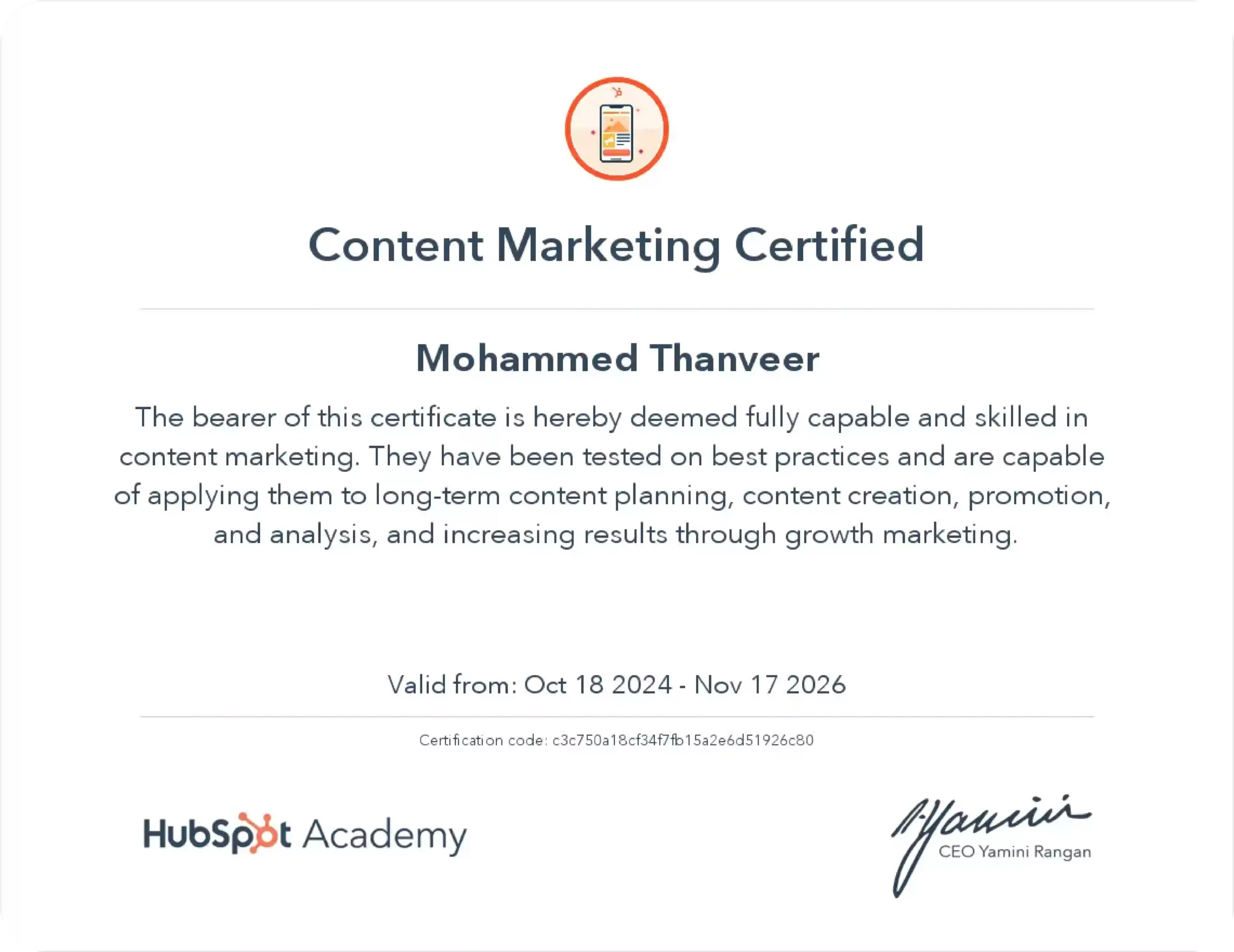 Content marketing Certfied by Hubspot-Digital Marketing Freelancer in Dubai